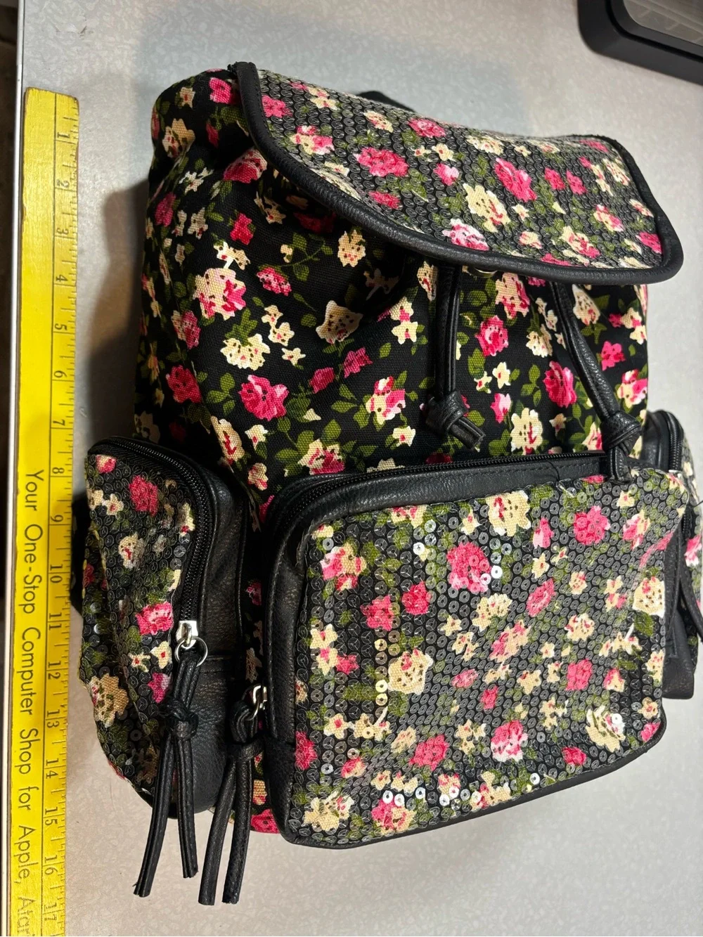 Candie's Black Floral Sequin Backpack with Pink & Cream Accents